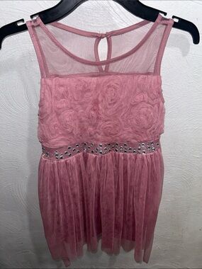 Sleeveless Pink Mesh & Rosette Kids Dress with Rhinestone Waistband